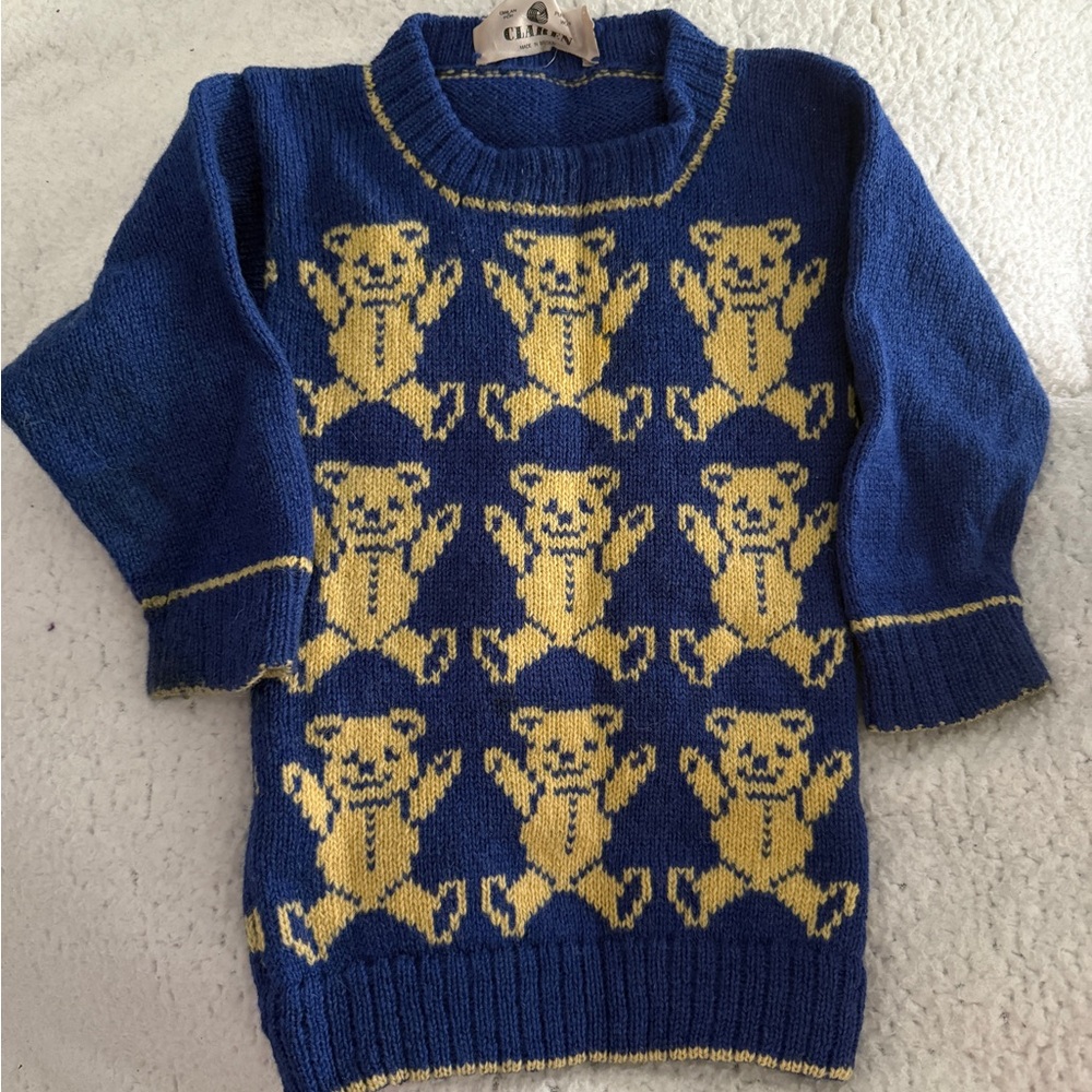 Vintage Claren pure new wool Blue and Yellow Teddy Bear Sweater Kids size 3T